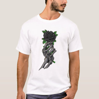 Camiseta Mão De Esqueleto Segurando Uma Linda Flor Rosa Pre