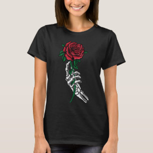 Camiseta Mão De Esqueleto Segurando Uma Rosa vermelha De Fi