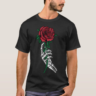 Camiseta Mão De Esqueleto Segurando Uma Rosa vermelha De Fi