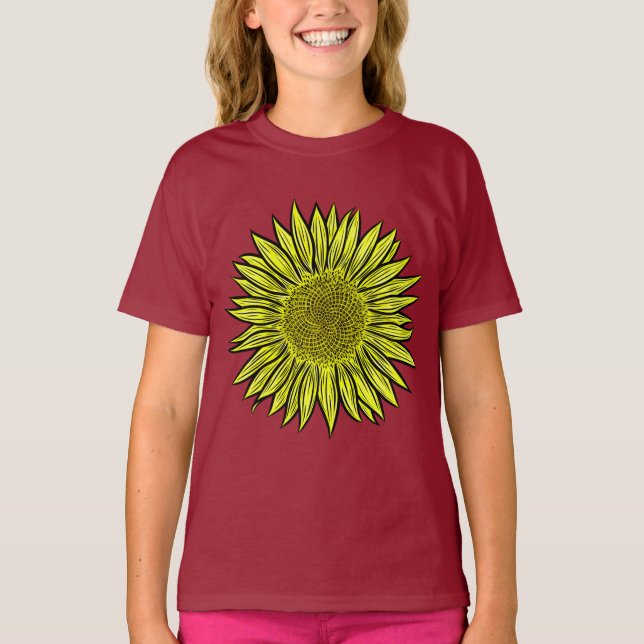Camiseta Mão De Girassol Amarelo Amarelo Floral Desenhada (Frente)