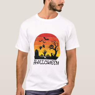 Camiseta Mão de Zumbi de Halloween Lápide Árvore Gato Preto