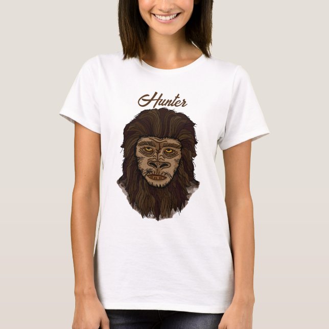 Camiseta Mão desenhada Sasquatch Pé Grande Pano Caçador Ape (Frente)