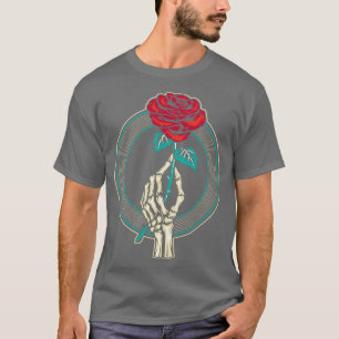Camiseta Mão do Esqueleto da Flor de rosa vermelha
