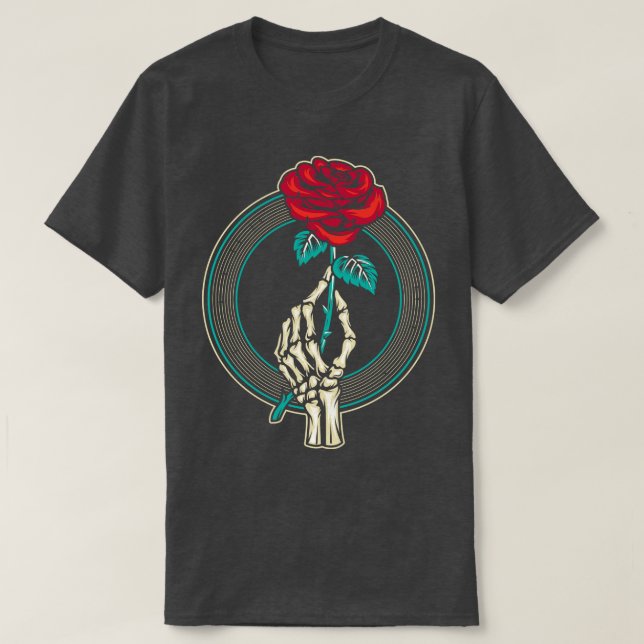 Camiseta Mão do Esqueleto da Flor de rosa vermelha (Frente do Design)