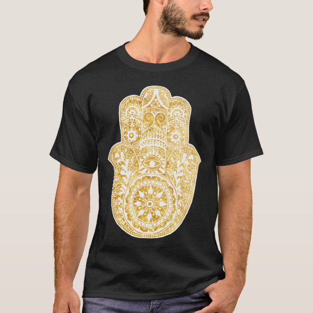 Camiseta Mão Dourada Branca de Hamsa (Frente)