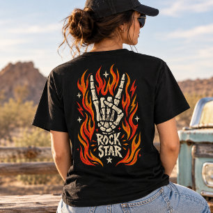 Camiseta Mão Esquelética de Estrela do Rock Antigo em Chama
