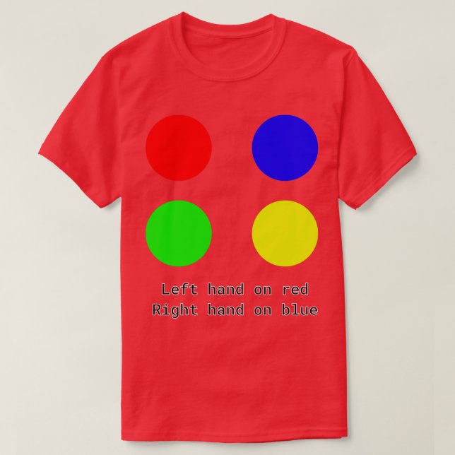 Camiseta Mão esquerda em vermelho Mão direita em azul Desig (Frente do Design)