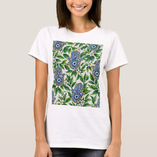 Camiseta Mão Hamsa Azul de Fatima Padrão Floral
