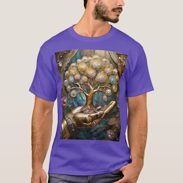 Camiseta Mão Robô ouro Segurando Dourada Árvore De Vida (Frente)
