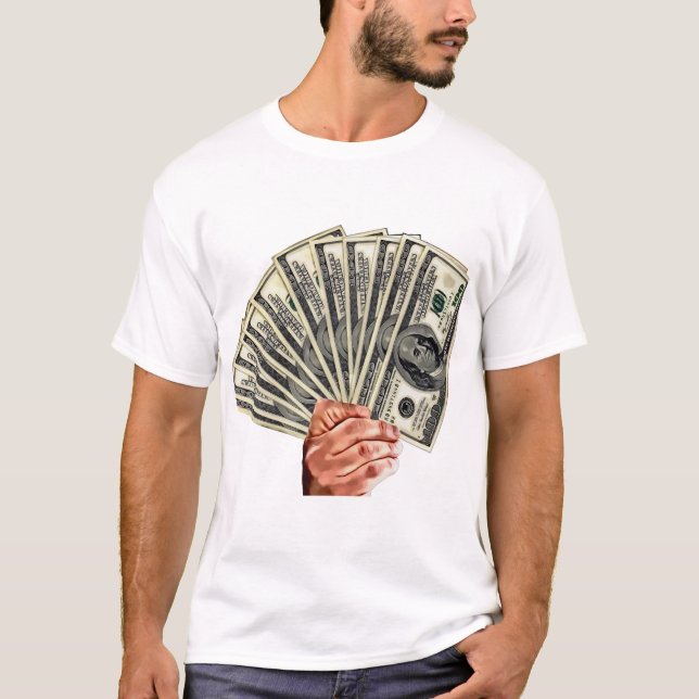 Camiseta mão segurando notas de cem dólares arte do dinheir (Frente)
