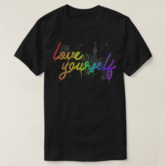 Camiseta Mão Única Desenhada Arco-Íris Ame-Se Orgulho gay (Frente do Design)