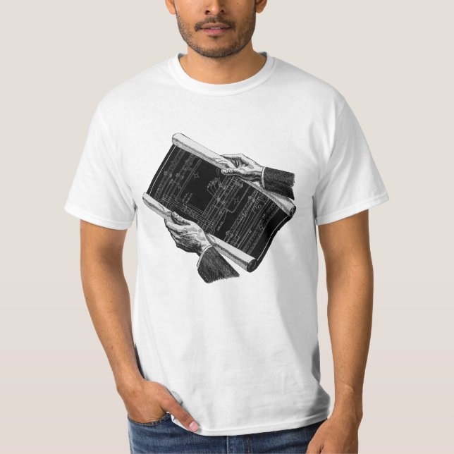 Camiseta Mãos com Esquemas de Arquitetura, Negócios Vintage (Frente)