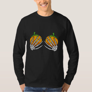 Camiseta Mãos de Esqueleto Segurando Abóboras Feliz Dia das