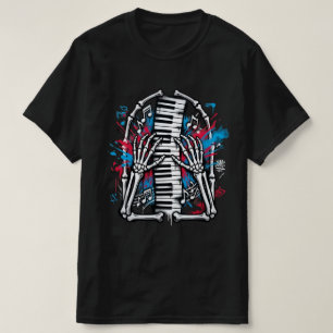 Camiseta Mãos de Esqueleto Tocando Piano Arte Grafite
