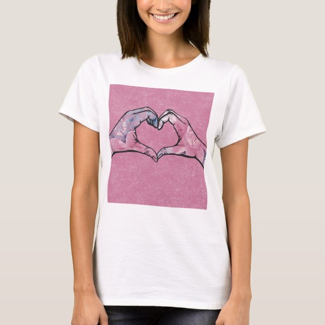 Camiseta Mãos do Coração em Fundo Rosa (Frente)