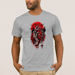 Camiseta Mãos Esqueléticas Góticas Rosas Vermelhas Hallowee