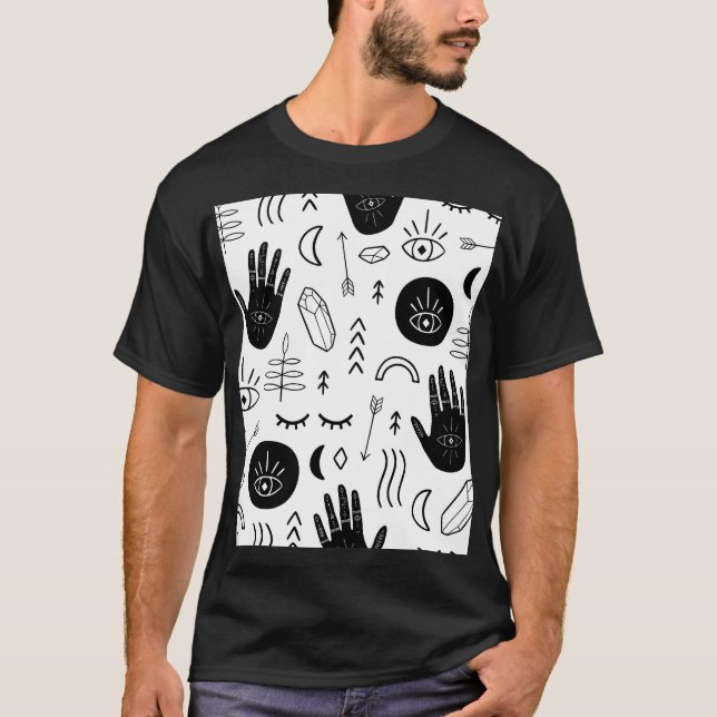 Camiseta Mãos mágicas, lua, padrão étnico. (Frente)