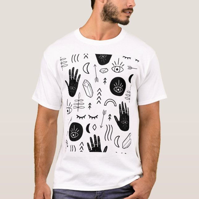 Camiseta Mãos mágicas, lua, padrão étnico. (Frente)