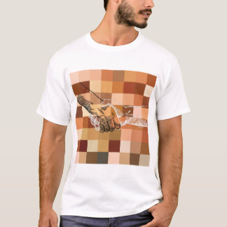 Camiseta Mãos pretas e brancas tremem em blocos coloridos