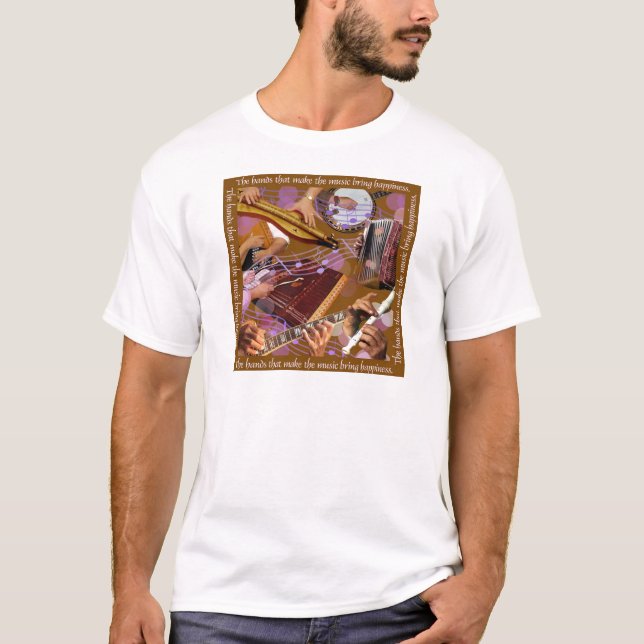 Camiseta Mãos que fazem a música. Faça a felicidade (Brown) (Frente)