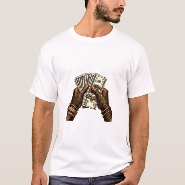 Camiseta Mãos Segurando Listas de Dólares (Frente)
