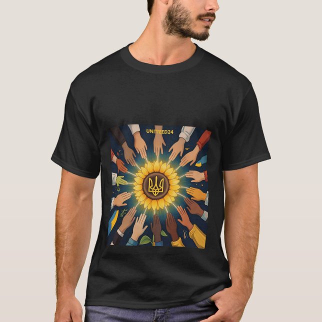 Camiseta Mãos Unidas: Girassol da Fortaleza Ucraniana (Frente)