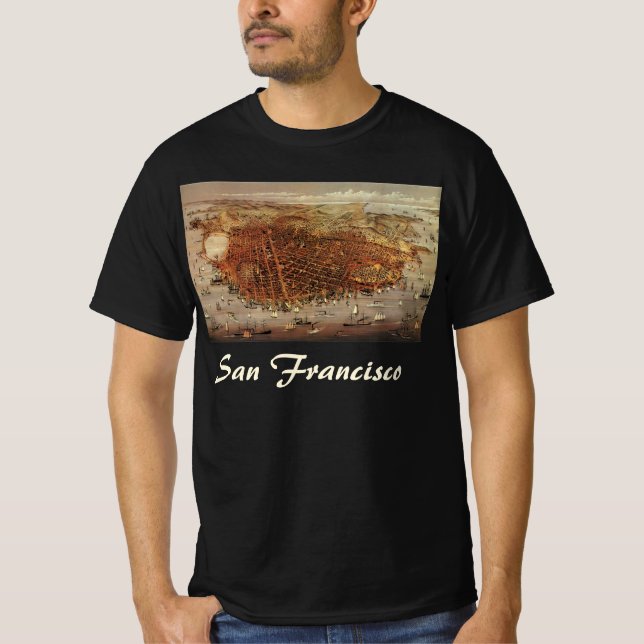 Camiseta Mapa Aéreo Antiquado de São Francisco, Califórnia (Frente)