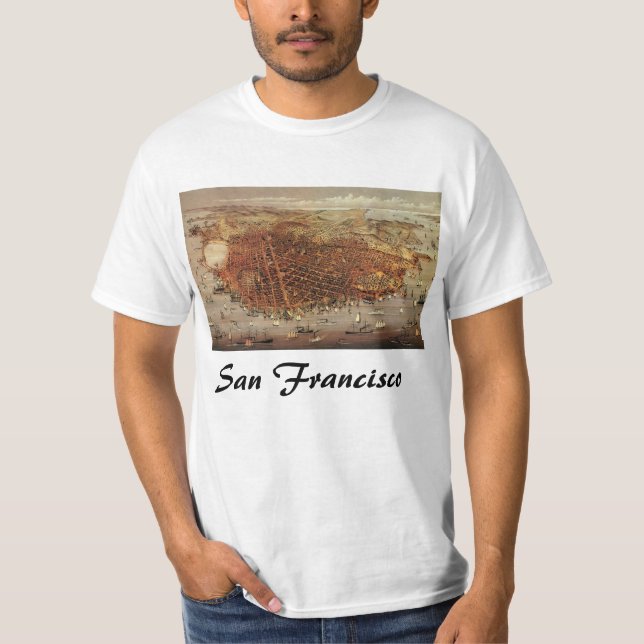 Camiseta Mapa Aéreo Antiquado de São Francisco, Califórnia (Frente)