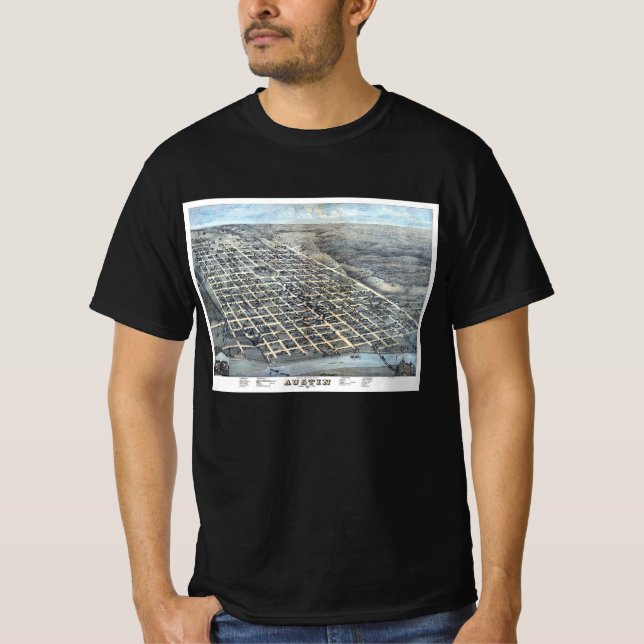 Camiseta Mapa Antigo da Cidade de Austin, Texas de 1873 vis (Frente)