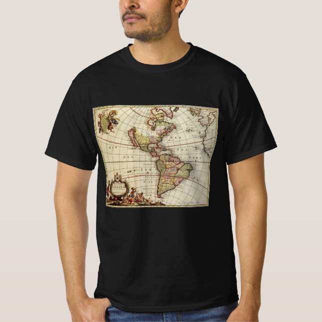 Camiseta Mapa antigo das Américas por Johannes De Ram (Frente)