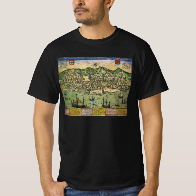 Camiseta Mapa antigo de Lisboa, Portugal por Braun/Hogenber (Frente)
