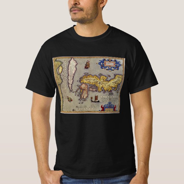 Camiseta Mapa antigo do Japão por Mercator e Hondius (Frente)