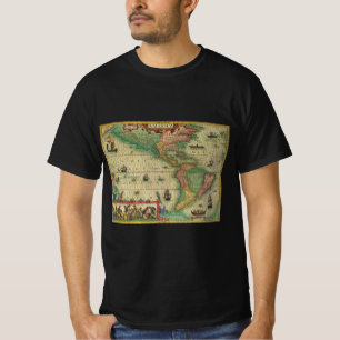 Camiseta Mapa Antigo do Mundo das Américas por Hondius