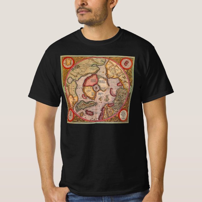 Camiseta Mapa Antigo do Pólo Norte por Mercator (Frente)