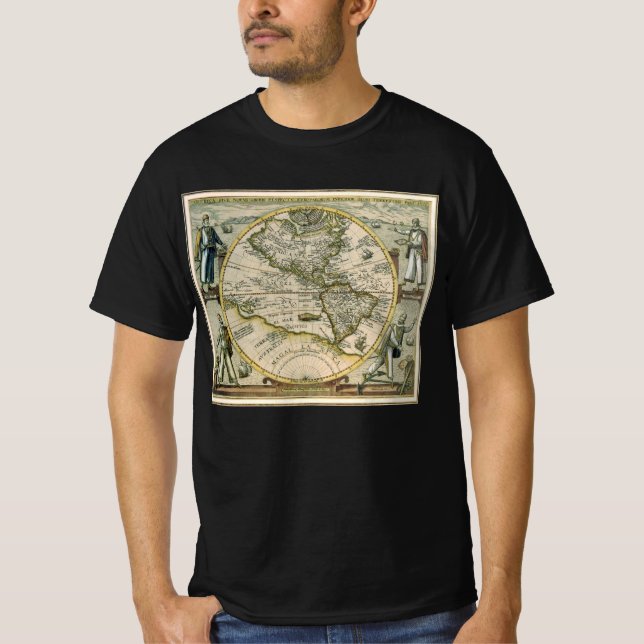 Camiseta Mapa Antiquado, 1596, America Sive Novus Orbis (Frente)