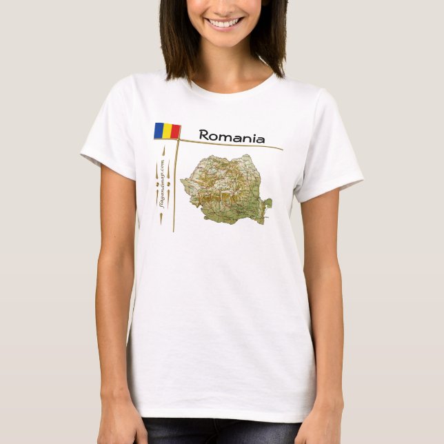 Camiseta Mapa + Bandeira + Título da Romênia (Frente)