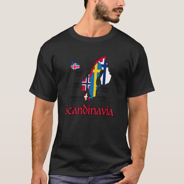 Camiseta Mapa Bandeiras Escandinávia Letras Pretas (Frente)