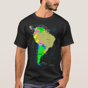 Camiseta Mapa Colorido das Capitais dos Países da América d