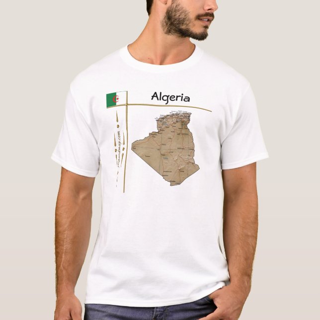 Camiseta Mapa da Argélia + Sinalizador + Título T-Shirt (Frente)