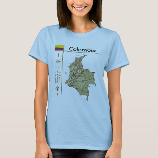 Camiseta Mapa da Colômbia + Sinalizador + Título T-Shirt (Frente)