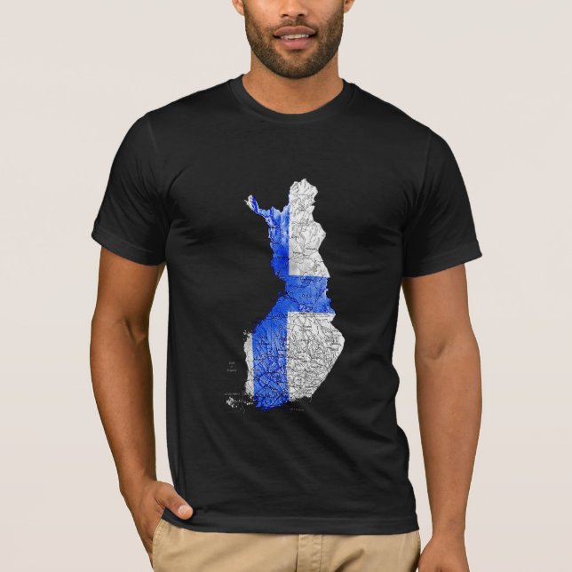 Camiseta Mapa da Finlândia Cores da Bandeira (Frente)