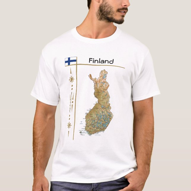 Camiseta Mapa da Finlândia + Sinalizador + Título T-Shirt (Frente)