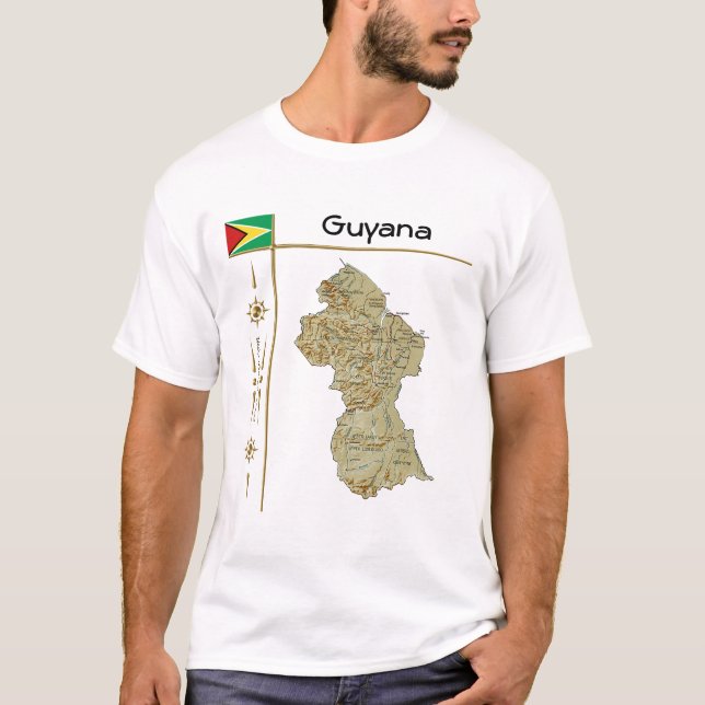 Camiseta Mapa da Guiana + Sinalizador + Título T-Shirt (Frente)