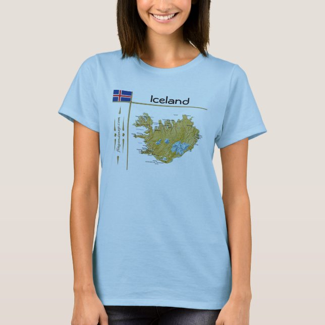 Camiseta Mapa da Islândia + Sinalizador + Título T-Shirt (Frente)