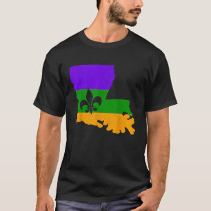 Camiseta Mapa Da Louisiana Com Cores De Mardi Gras E Fleur