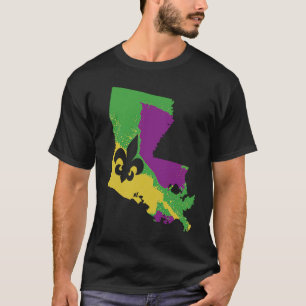 Camiseta Mapa da Louisiana Mardi Gras Fat Terça Fleur De Ly