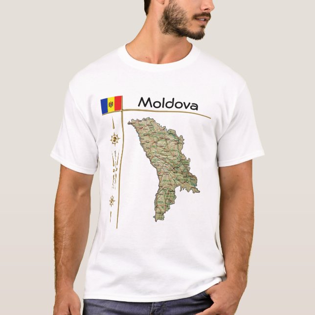 Camiseta Mapa da Moldávia + Sinalizador + Título T-Shirt (Frente)
