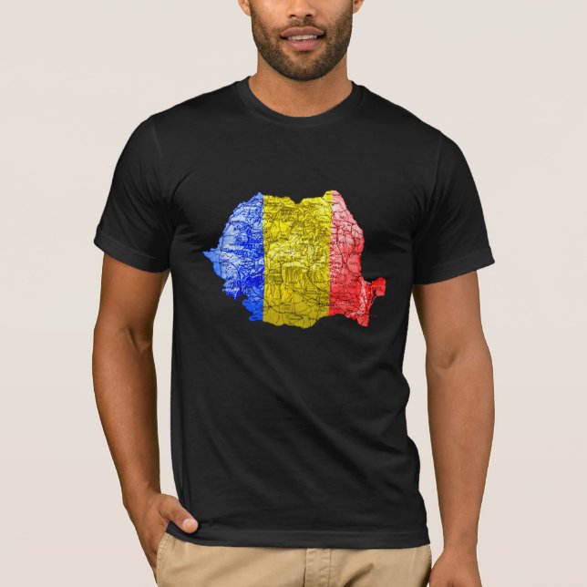 Camiseta Mapa da Romênia com Cores da Bandeira (Frente)