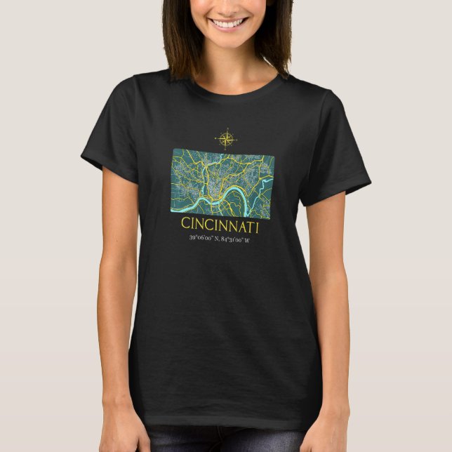 Camiseta Mapa Da Rua Cincinnati Com Coordenadas Do Gps (Frente)
