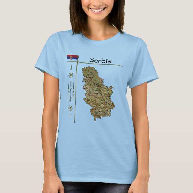 Camiseta Mapa da Sérvia + Sinalizador + Título T-Shirt (Frente)